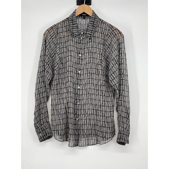 THEORY Printed Georgette Sheer Stripe Shirt Top Size Small Neutral Classic - Picture 2 of 6